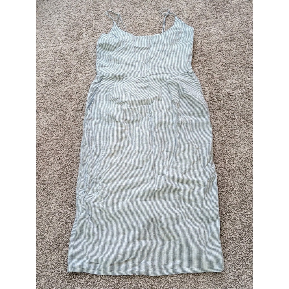 Quince 100% European Linen Scoop Neck Midi Dress Size Large Blue Pinstripe NWT